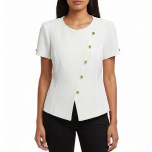 Tahari Womens White Polyester Short Sleeve Gold Button Detail Blouse Size 4